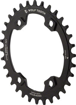 Wolf Tooth Elliptical 96 BCD Chainring - 32t 96 Asymmetric BCD 4-Bolt Drop-Stop For Shimano XT M8000 and SLX M7000 Cranks Black